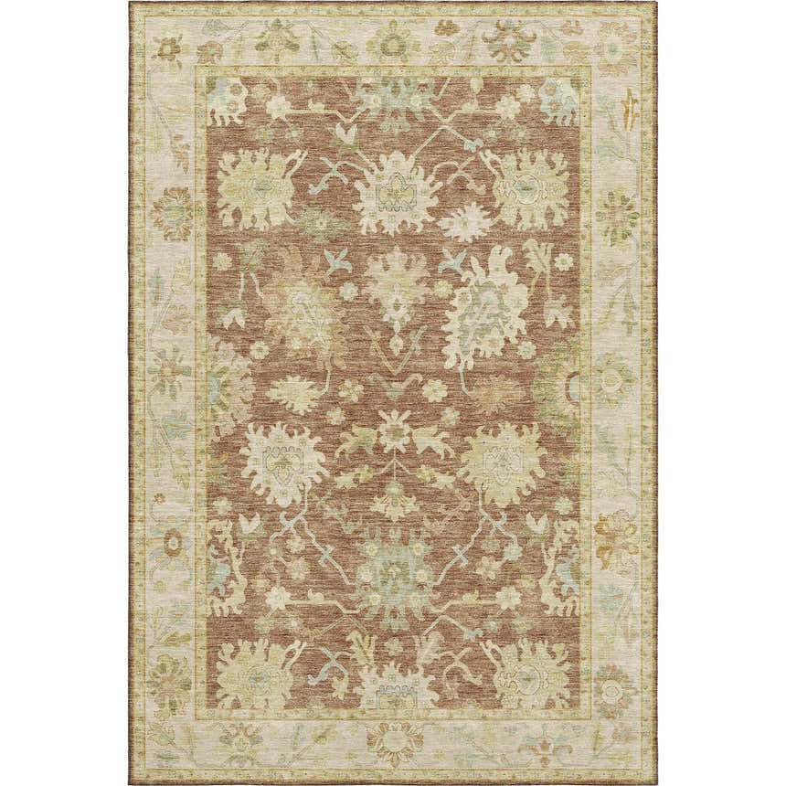 Close-up of the Dalyn Luxury Hatay HY2 Paprika Washable Area Rug. Features a traditional floral pattern in paprika, beige, and green.