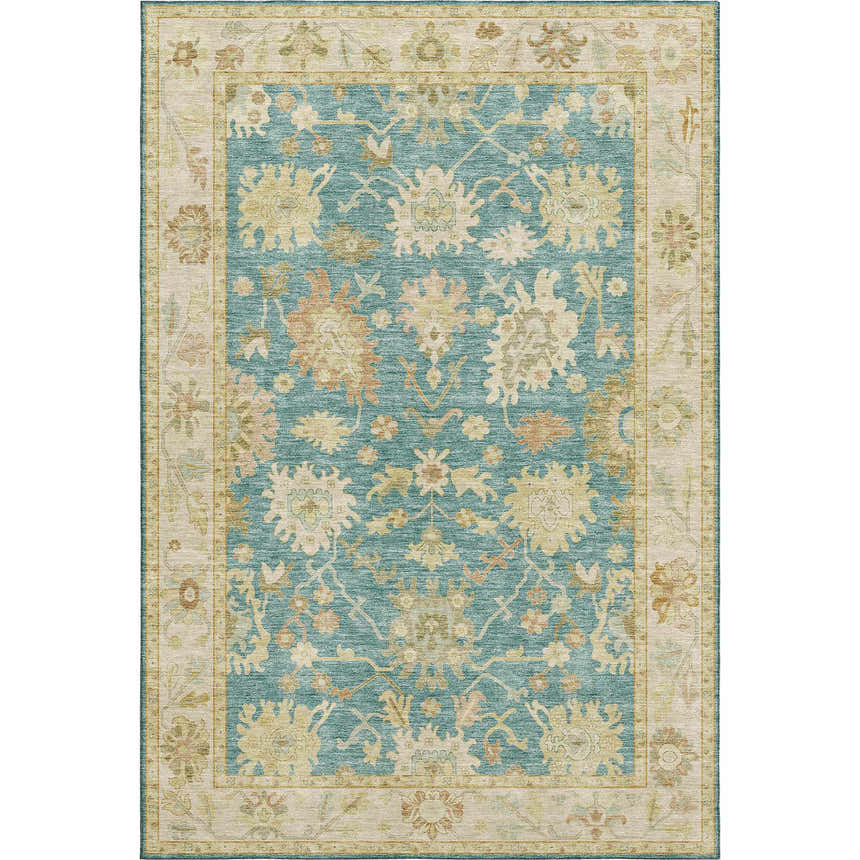 Detailed view of the Dalyn Luxury Hatay HY2 Teal Washable Area Rug, featuring a traditional floral pattern in teal, beige, and blush pink.