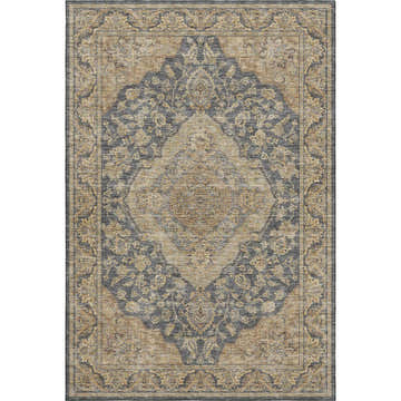 Close-up of the Dalyn Luxury Hatay HY3 Charcoal Washable Area Rug. Traditional floral pattern in charcoal, caramel, gold, and ivory.