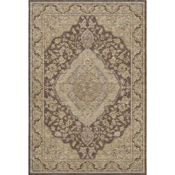 Detailed shot of a Dalyn Luxury Hatay HY3 Chocolate Washable Area Rug with a traditional floral pattern in beige, brown, and gold tones.