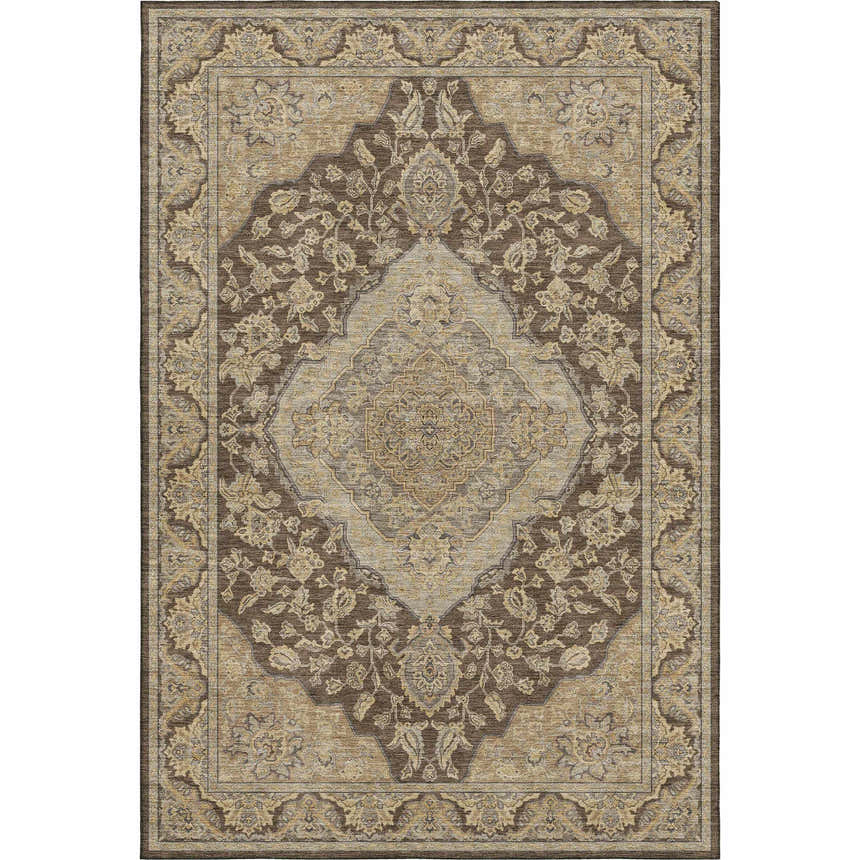 Detailed shot of a Dalyn Luxury Hatay HY3 Chocolate Washable Area Rug with a traditional floral pattern in beige, brown, and gold tones.