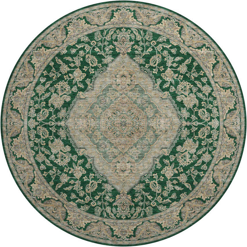 Close-up of Dalyn Luxury Hatay HY3 Emerald Washable Area Rug, round shape, with beige and light green traditional floral pattern.