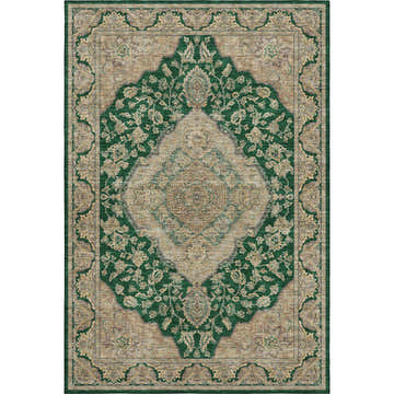 Dalyn Luxury Hatay HY3 Emerald Washable Area Rug with a traditional beige, gold, and green floral pattern.