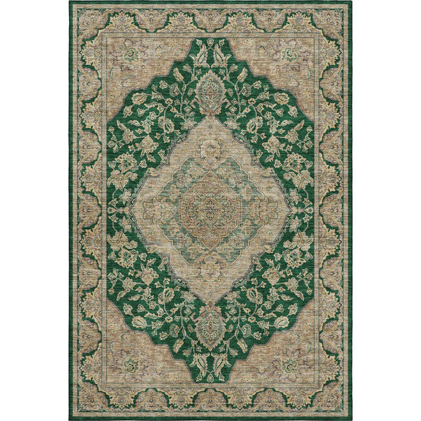 Dalyn Luxury Hatay HY3 Emerald Washable Area Rug with a traditional beige, gold, and green floral pattern.