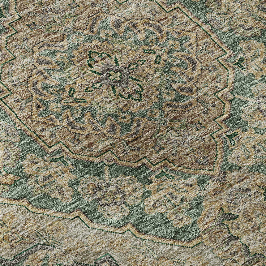 Close-up of the Dalyn Luxury Hatay HY3 Emerald Washable Area Rug featuring a traditional beige, gold, and light green pattern.