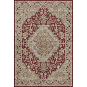 Close-up of the Dalyn Luxury Hatay HY3 Garnet Washable Area Rug featuring a traditional red and beige floral pattern.