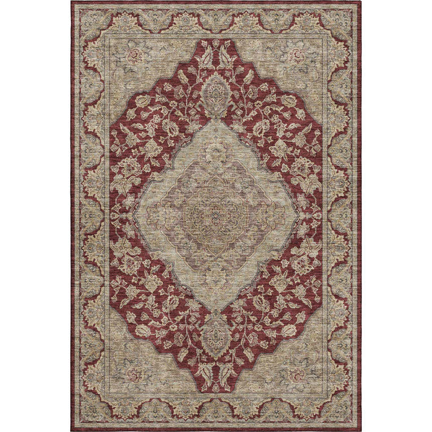 Close-up of the Dalyn Luxury Hatay HY3 Garnet Washable Area Rug featuring a traditional red and beige floral pattern.