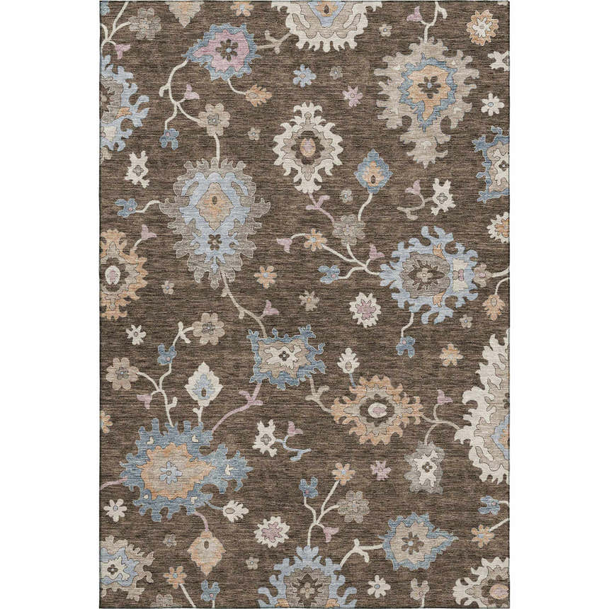 Close-up of the Dalyn Luxury Hatay HY4 Chocolate Washable Area Rug, showcasing its floral pattern in beige, blush, and brown tones.