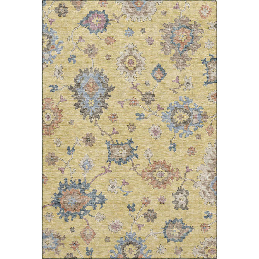 Close-up of the Dalyn Luxury Hatay HY4 Gold Washable Area Rug, featuring a traditional floral pattern in gold, blue, and blush pink.