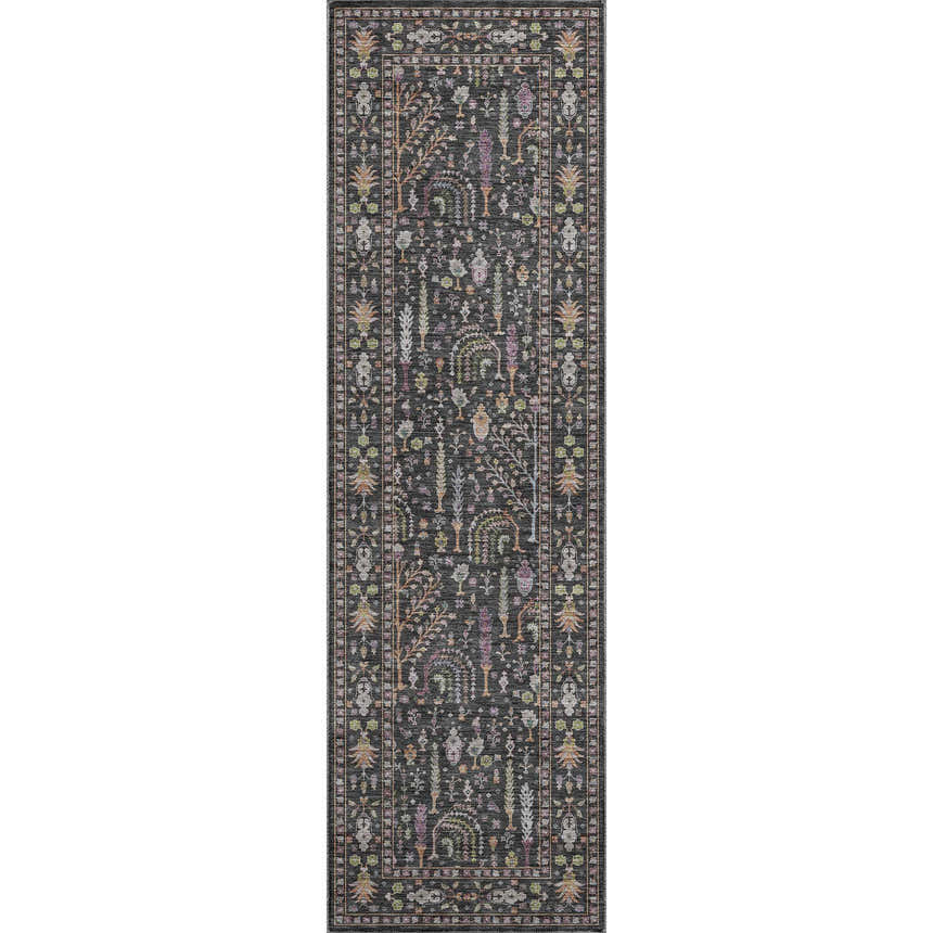 Dalyn Luxury Hatay HY5 Black Washable Area Rug, a traditional runner rug with floral and tree pattern in black, green, and purple.