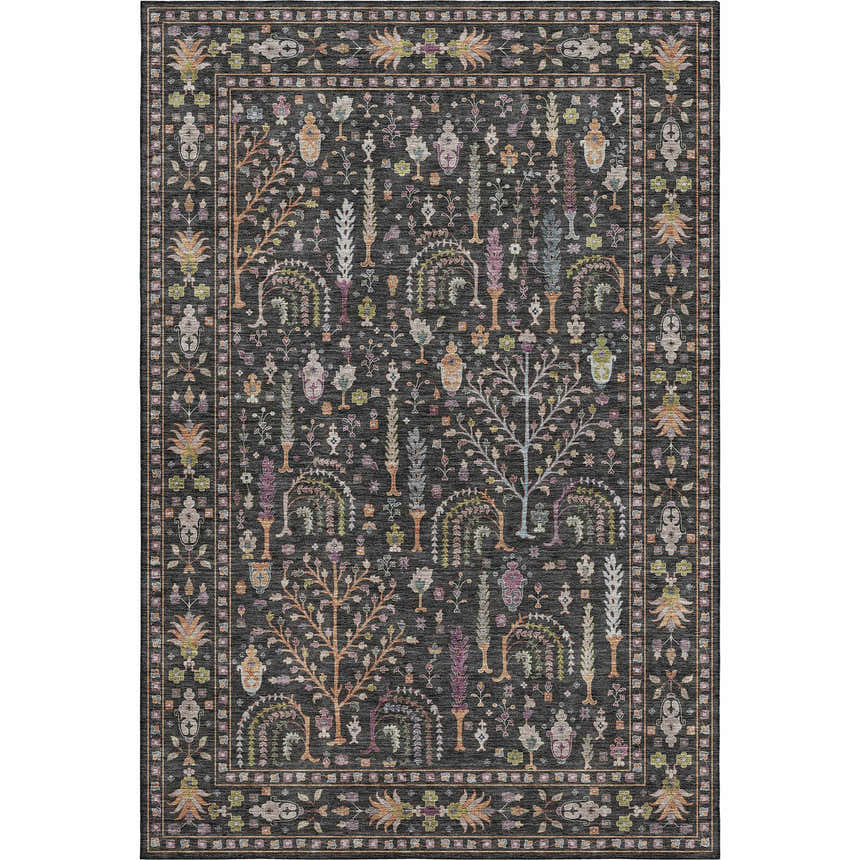 Detailed floral pattern on the Dalyn Luxury Hatay HY5 Black Washable Area Rug.