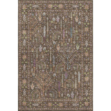 Detailed brown Dalyn Luxury Hatay HY5 rug with traditional tree and floral pattern. Burnt, ivory, purple, and teal accents.