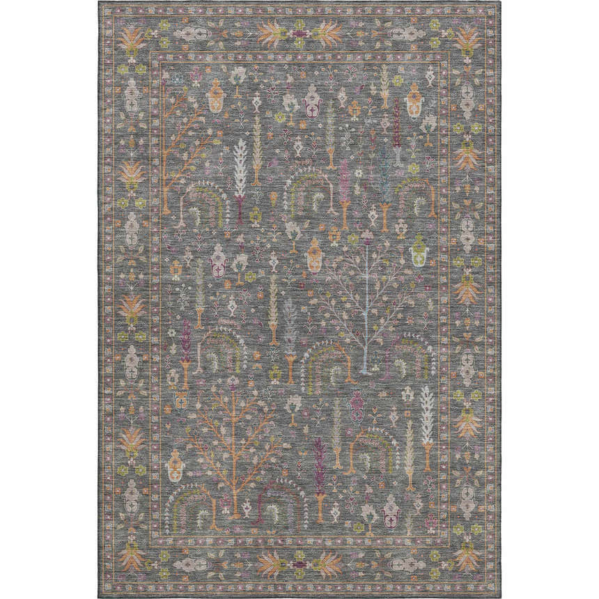 Dalyn Luxury Hatay HY5 Gray Washable Area Rug. Traditional rug with tree and floral pattern in burnt, green, ivory, purple, and teal.