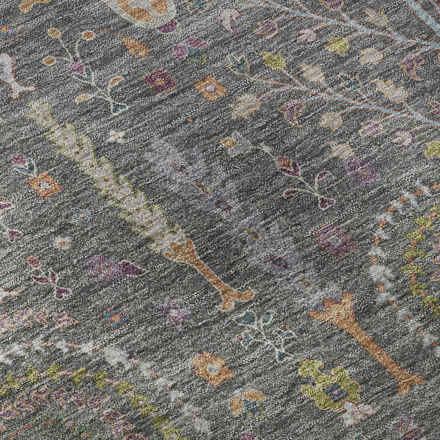 Close-up of the Dalyn Luxury Hatay HY5 Gray Washable Area Rug. Farmhouse style rug with burnt, green, ivory, and purple floral pattern.