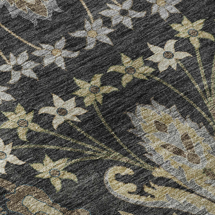 Close-up of the Dalyn Luxury Hatay HY6 Black Washable Area Rug. Floral pattern in beige, olive, and brown on a black background.