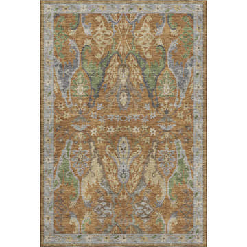 Detailed view of the Dalyn Luxury Hatay HY6 Copper washable area rug with beige, brown, and olive traditional pattern.