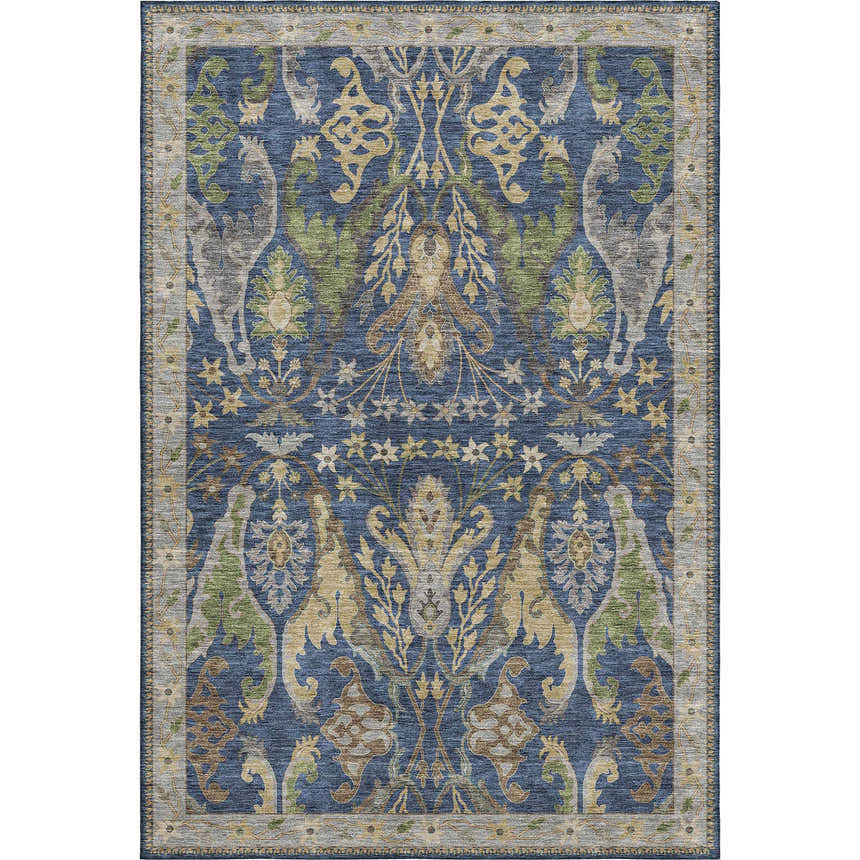 Dalyn Luxury Hatay HY6 Navy Washable Area Rug. Traditional rug with beige, brown, navy, olive, and taupe floral pattern.