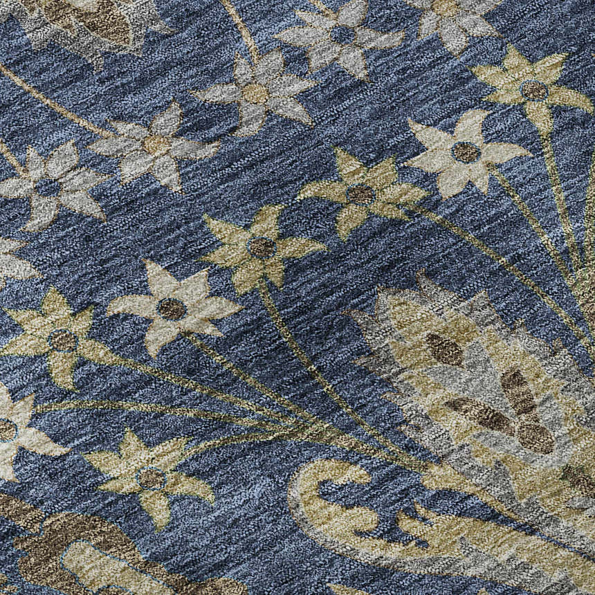 Close-up of the Dalyn Luxury Hatay HY6 Navy Washable Area Rug featuring a floral pattern in beige, brown, and olive tones.