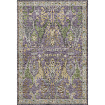 Close-up of the Dalyn Luxury Hatay HY6 Purple Washable Area Rug. Features beige, brown, olive, and purple traditional pattern.