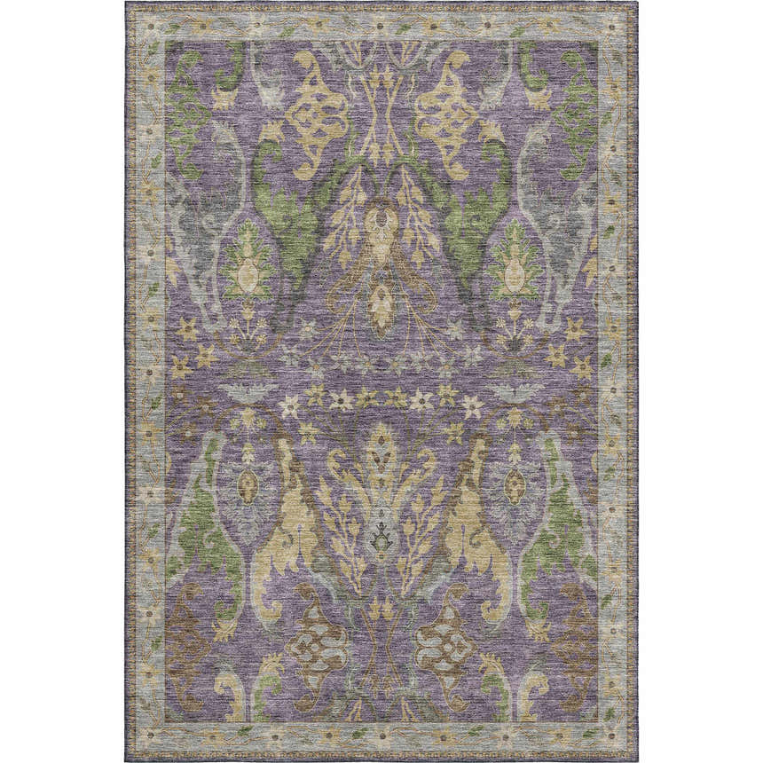 Close-up of the Dalyn Luxury Hatay HY6 Purple Washable Area Rug. Features beige, brown, olive, and purple traditional pattern.