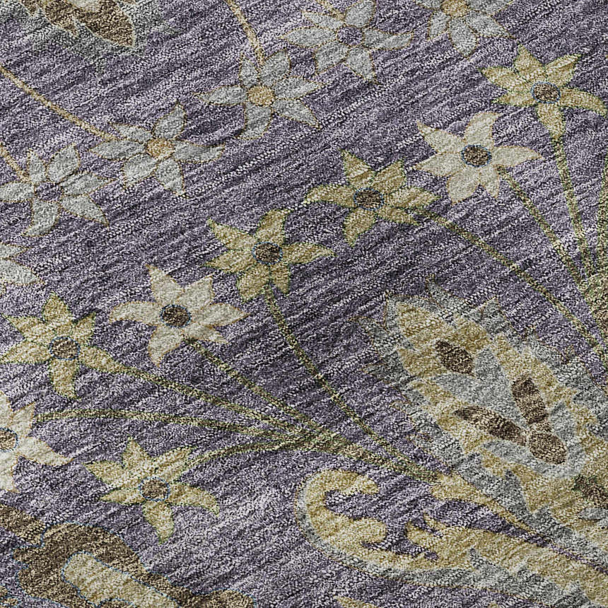 Close-up of Dalyn Luxury Hatay HY7 Blue Washable Area Rug. Floral pattern in aqua, beige, and brown on a blue textured background.
