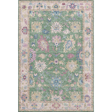 Detailed Hatay HY7 Lime Washable Area Rug with farmhouse style floral pattern in lime green, pink, and blue.