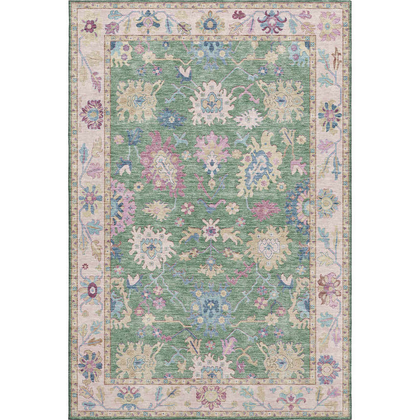 Detailed Hatay HY7 Lime Washable Area Rug with farmhouse style floral pattern in lime green, pink, and blue.