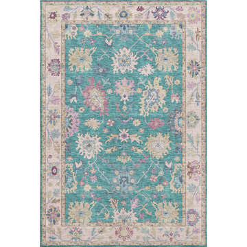 Close-up of the Dalyn Luxury Hatay HY7 Teal Washable Area Rug. Features a traditional floral pattern in teal, pink, beige, and gold.