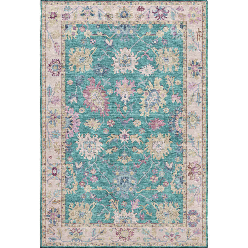 Close-up of the Dalyn Luxury Hatay HY7 Teal Washable Area Rug. Features a traditional floral pattern in teal, pink, beige, and gold.