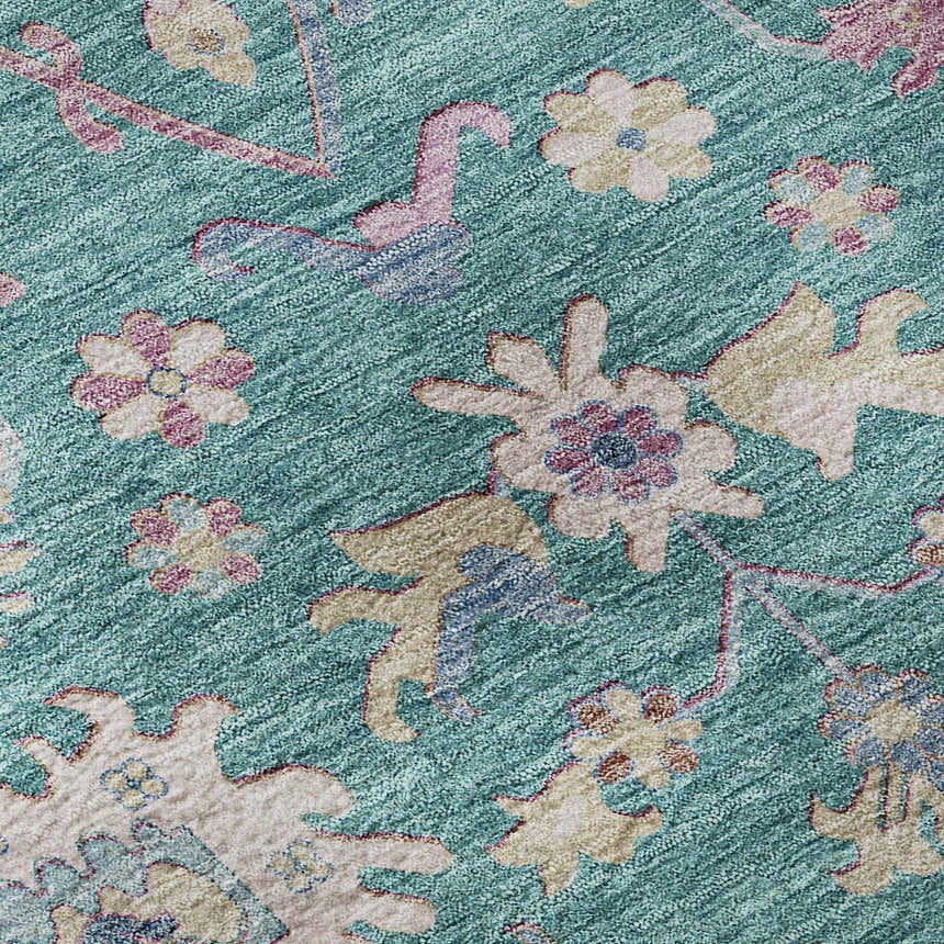 Close-up of Dalyn Luxury Hatay HY7 Teal Washable Area Rug. Floral pattern in aqua, beige, pink, and brown.