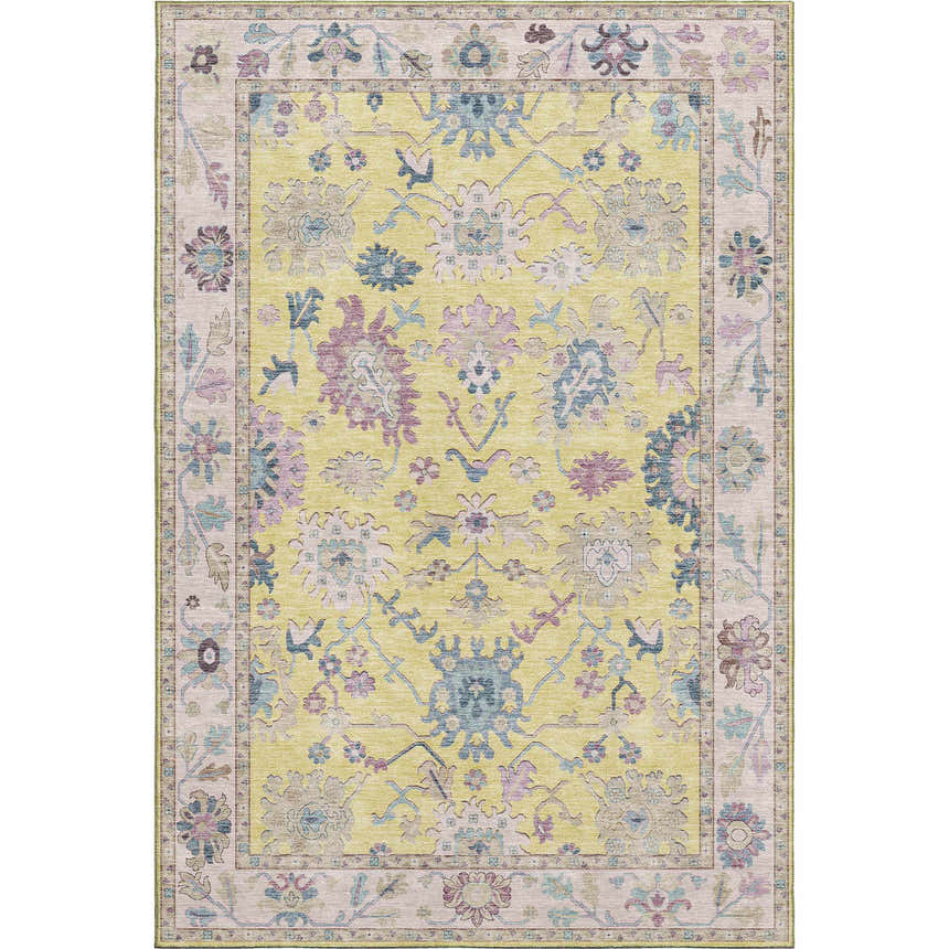 Detailed view of the Dalyn Luxury Hatay HY7 Yellow Washable Area Rug, featuring a traditional floral pattern with aqua, pink, and beige accents.