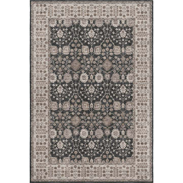 Close-up of the Dalyn Luxury Hatay HY8 Black Washable Area Rug. Features beige, black, and brown floral pattern.