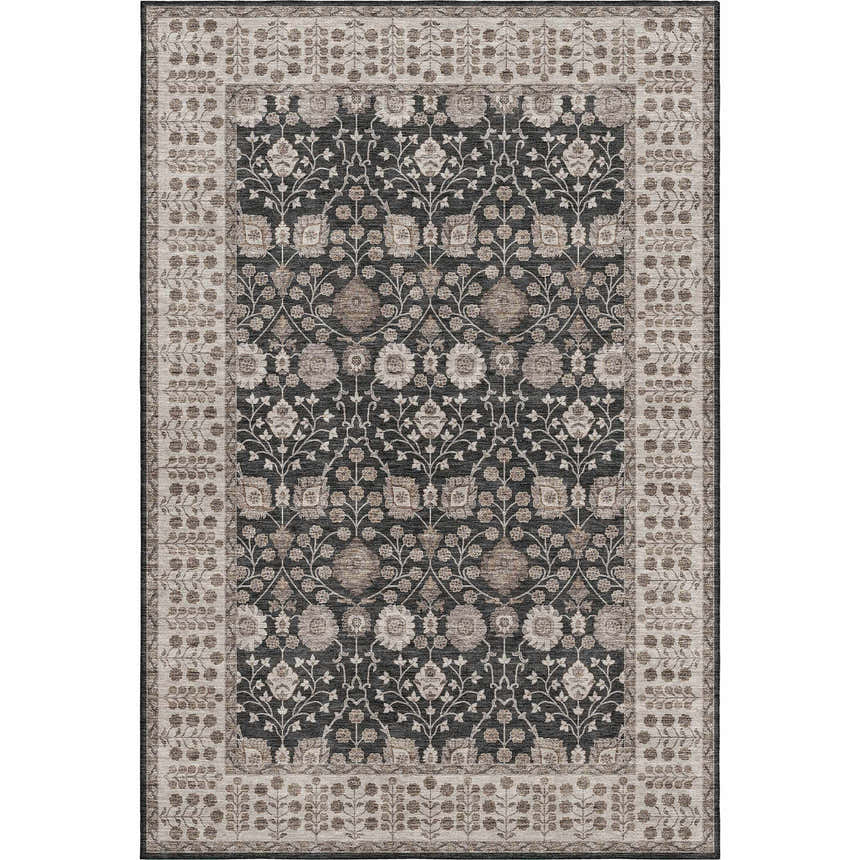 Close-up of the Dalyn Luxury Hatay HY8 Black Washable Area Rug. Features beige, black, and brown floral pattern.