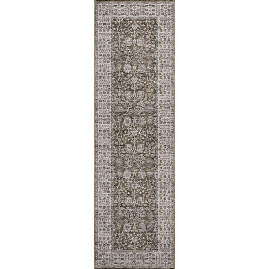 Close-up of a Dalyn Luxury Hatay HY8 Chocolate Washable Area Rug runner with a traditional beige and brown floral pattern.