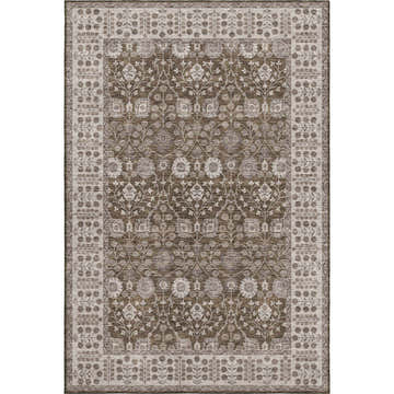 Close-up of the Dalyn Luxury Hatay HY8 Chocolate Washable Area Rug, featuring a traditional floral pattern in brown, beige, and ivory.