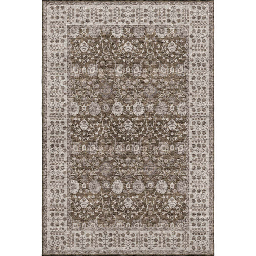 Close-up of the Dalyn Luxury Hatay HY8 Chocolate Washable Area Rug, featuring a traditional floral pattern in brown, beige, and ivory.