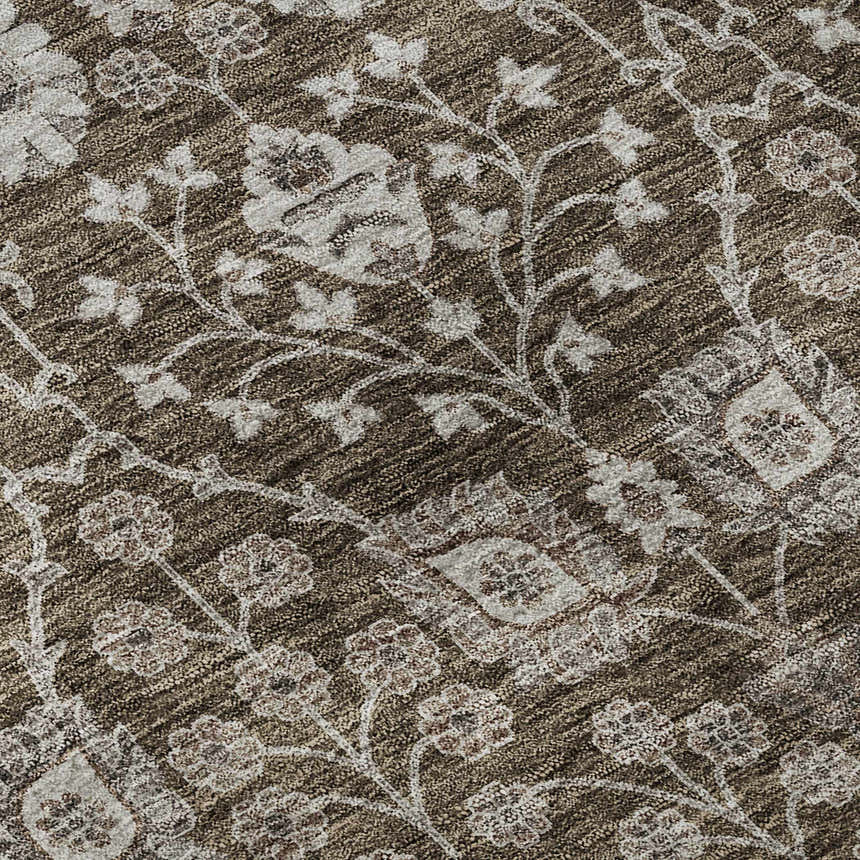 Close-up of Dalyn Luxury Hatay HY8 Chocolate Washable Area Rug featuring beige floral pattern on a brown background.