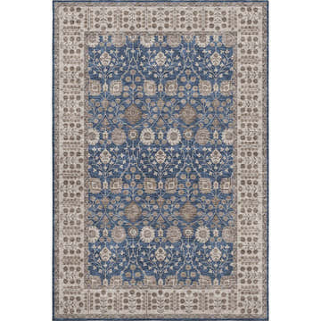 Dalyn Luxury Hatay HY8 Navy Washable Area Rug. Traditional floral pattern in navy, beige, and ivory. Machine made.