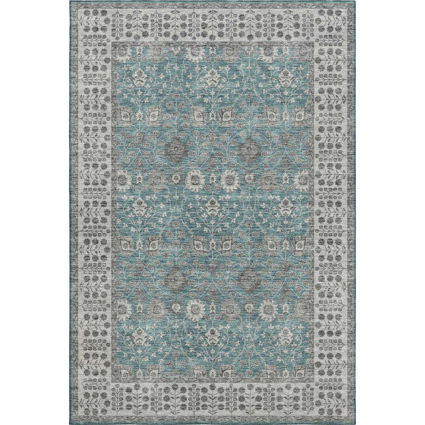 Close-up of a Dalyn Luxury Hatay HY8 Teal Washable Area Rug. Features a traditional floral pattern in teal, gray, and taupe.