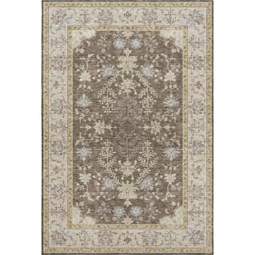 Close-up of the Dalyn Luxury Hatay HY9 Brown Washable Area Rug, featuring a traditional floral pattern in brown, beige, and blue.