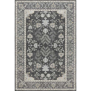 Close-up of the Dalyn Luxury Hatay HY9 Charcoal Washable Area Rug. Features a traditional floral pattern in charcoal, silver gray, and taupe.