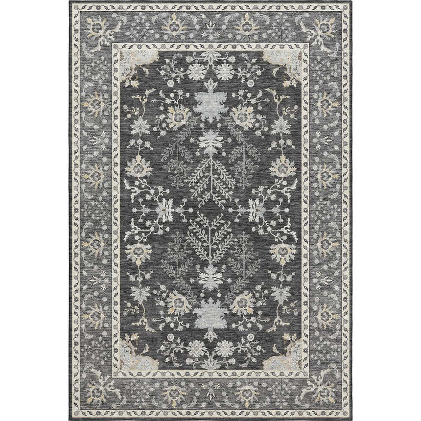 Close-up of the Dalyn Luxury Hatay HY9 Charcoal Washable Area Rug. Features a traditional floral pattern in charcoal, silver gray, and taupe.