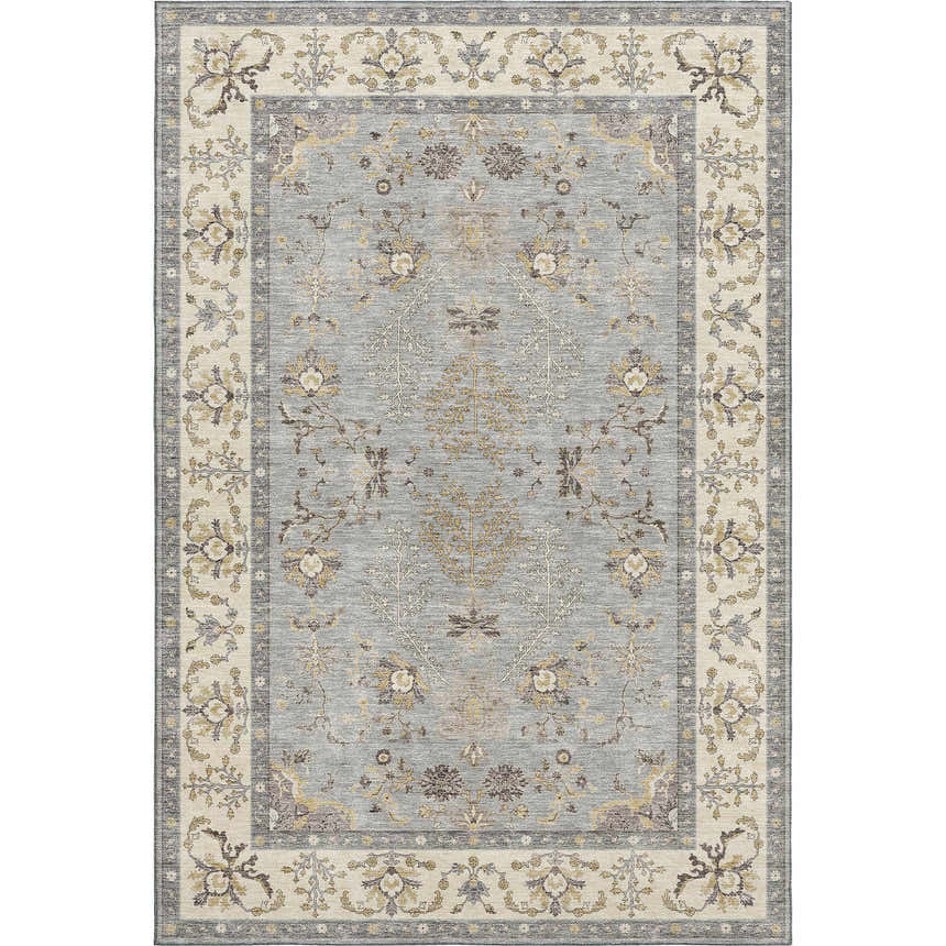 Close-up of the Dalyn Luxury Hatay HY9 Gray Washable Area Rug, featuring a traditional floral pattern in gray, gold, and taupe.
