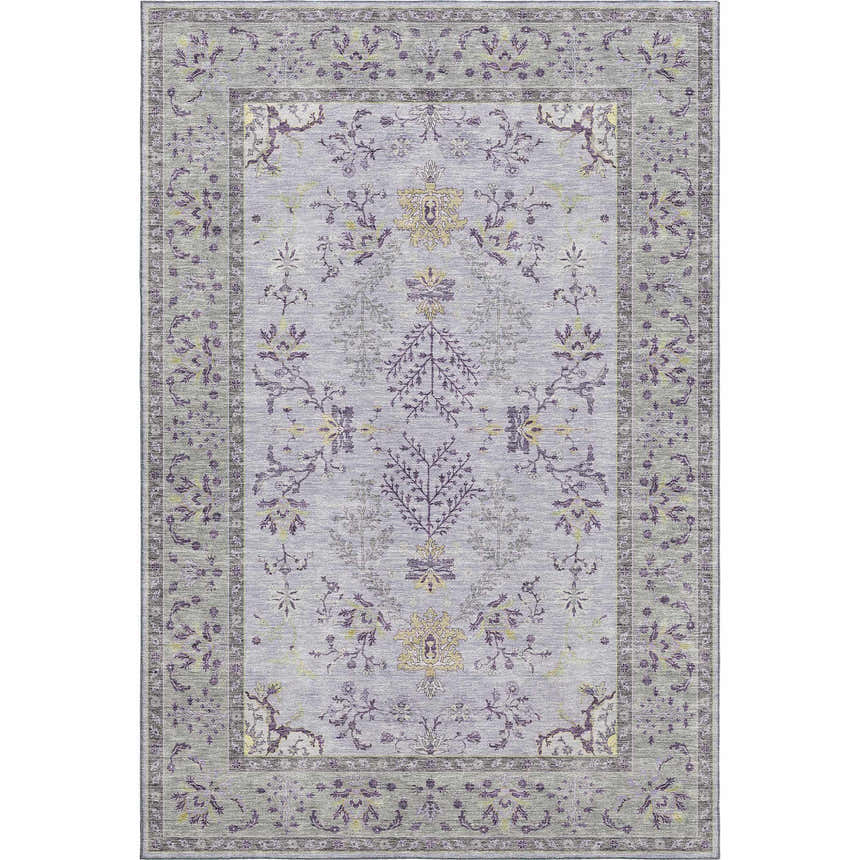Close-up of the Dalyn Luxury Hatay HY9 Lavender Washable Area Rug, featuring gold, purple, and taupe floral traditional pattern.