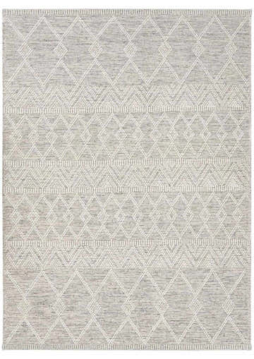 Close-up of the New Whittington Area Rug. Hand-woven wool rug in medium gray and off-white with a geometric diamond pattern. Design-Rectangle