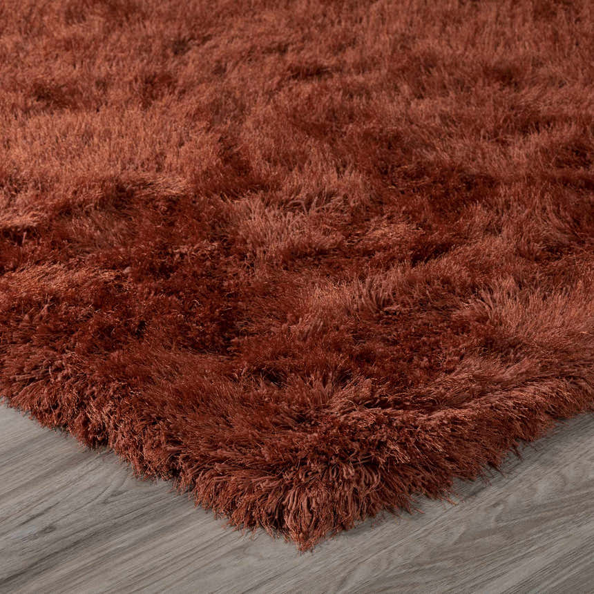 Close up of the plush Dalyn Impact IA100 Paprika Area Rug showing its shag texture and rich color.