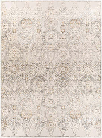 Close-up of the New Parkerfield Area Rug. Beige, gray, charcoal, and mustard traditional vintage pattern. Design-Rectangle