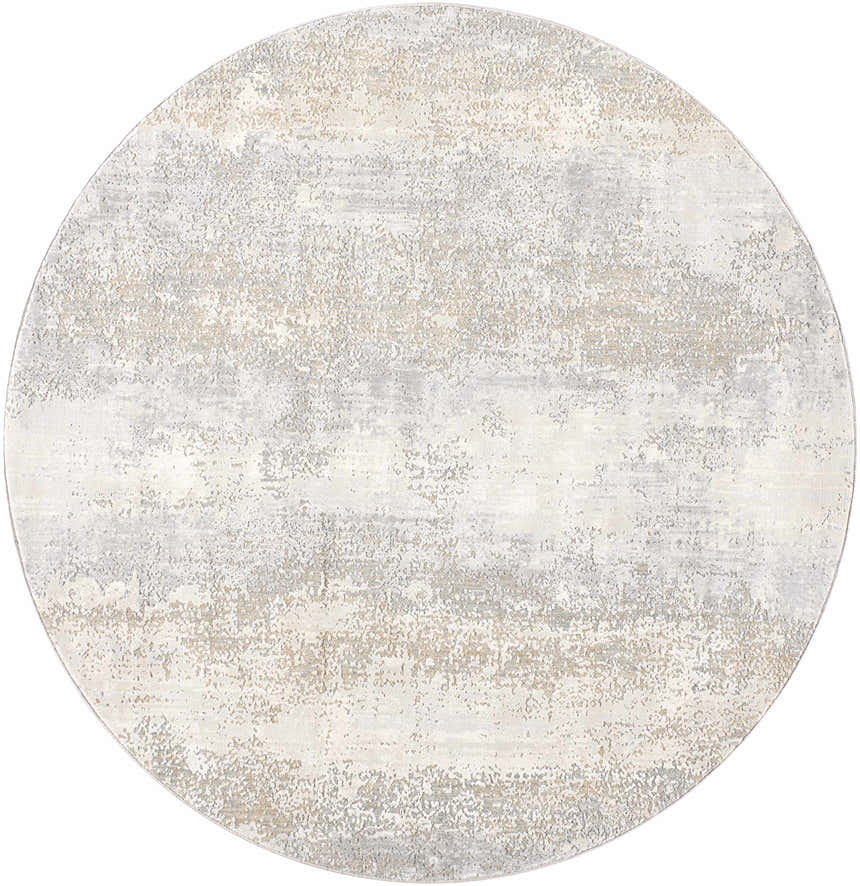 Round Ikram Thick Luxe Boutique Rug in cloud gray, dark gray, and light gray with a contemporary abstract design. Design-Round-67