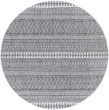 Close-up of the Imboden Black&White Outdoor Rug with a bohemian-inspired geometric pattern. Machine-woven polypropylene texture. Design-Round-67