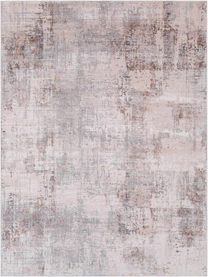 Close-up of the Ironwood Textured Luxe Rug. Abstract pattern in charcoal, gray, light gray, medium brown, and taupe. Design-Rectangle